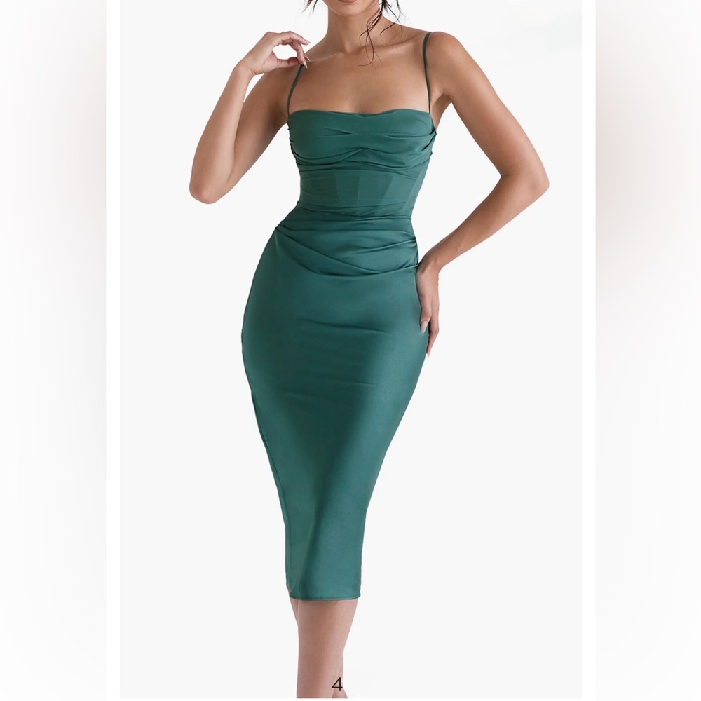 House of CB Teia Satin & Georgette Corset Midi Dress - Forest Green XS A/C NWT
